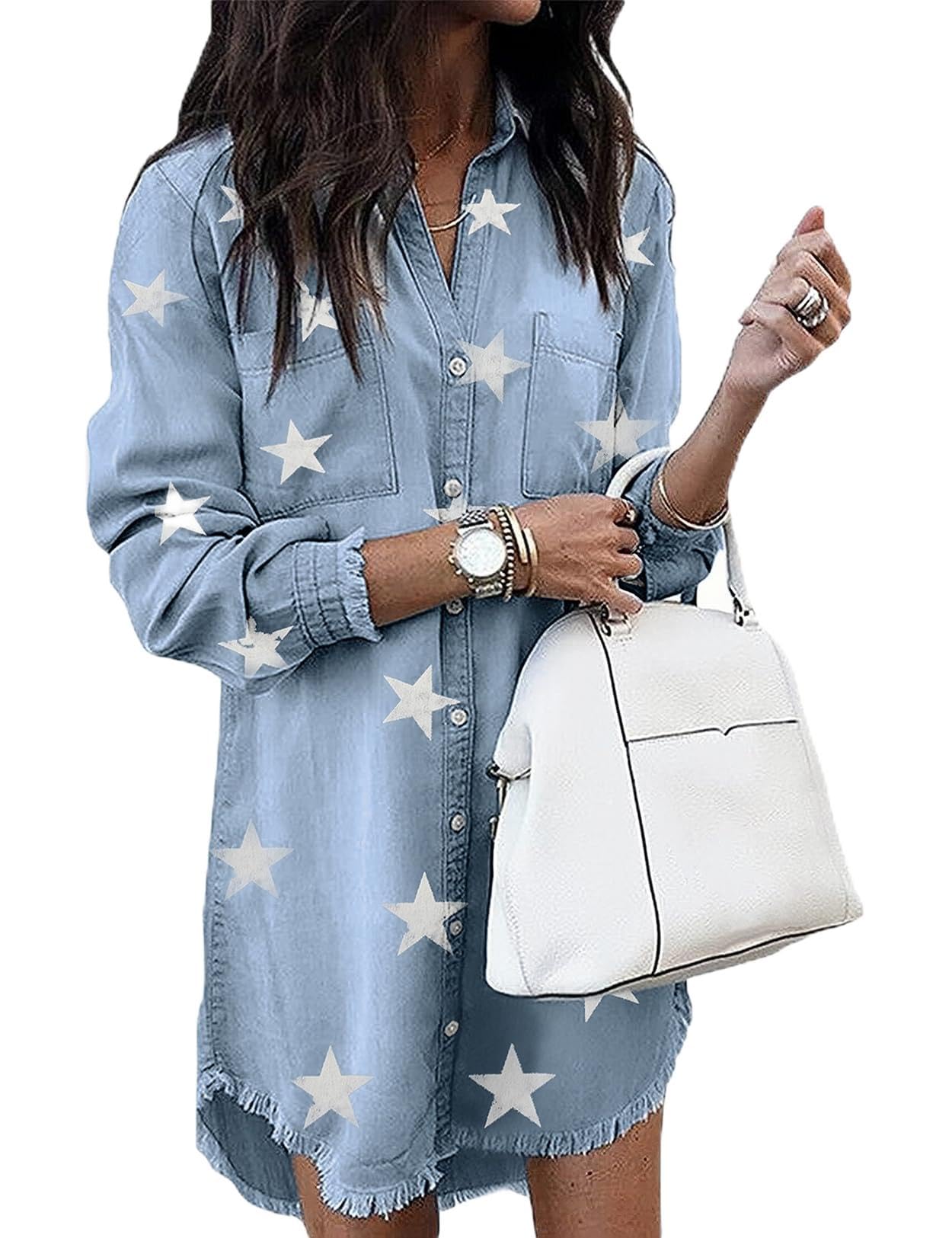 Zilcremo Women Denim Shirt Dresses Long Sleeve Shirt Dresses