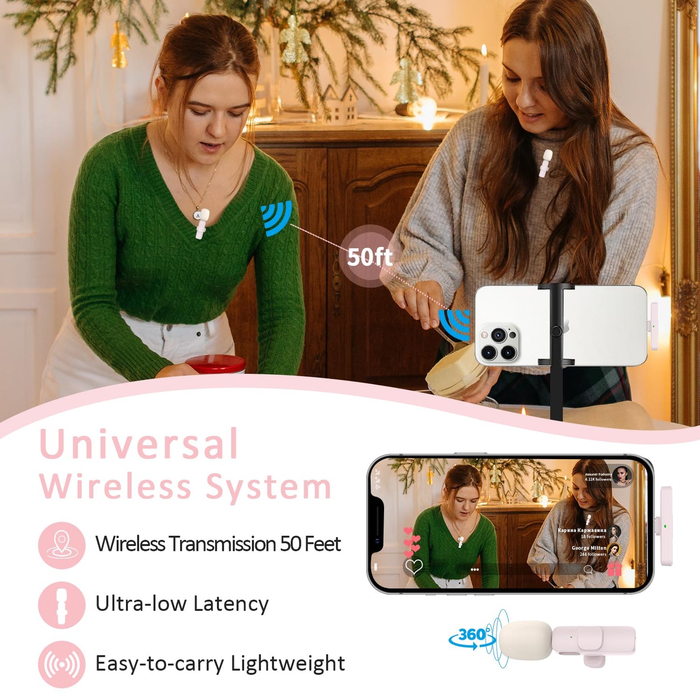 MAYBESTA Professional Wireless Lavalier Lapel Microphone for iPhone, iPad - Cordless Omnidirectional Condenser Recording Mic for Interview Video Podcast Vlog YouTube