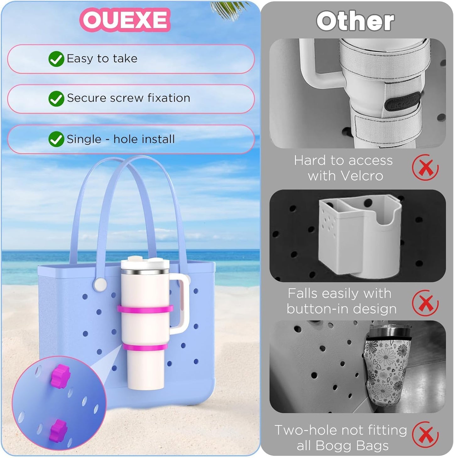 OUTXE 2 Pack Cup Holder for Bogg Bag, Fits 16-40oz Stanley, Insert Drink Holder Attachment Compatible with All Bogg Bags & Simply Southern Beach Tote Bag (40oz-Cream)