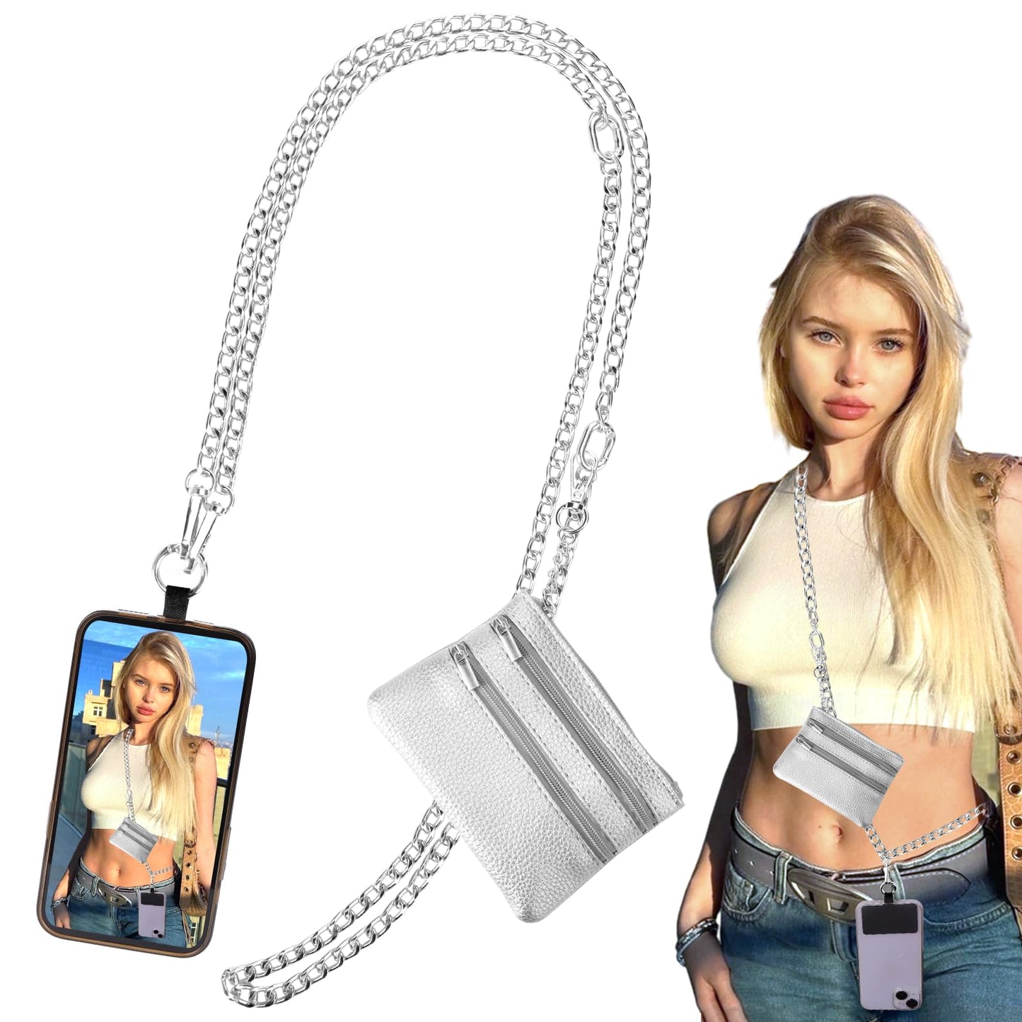 XANGNIER Clip and Go Strap for Phone with Wallet Crossbody,Phone Strap with Zippered Wallet, Adjustable Anti Theft Cellphone Lanyard for Women, Cellphone Chain Accessories,Leopard