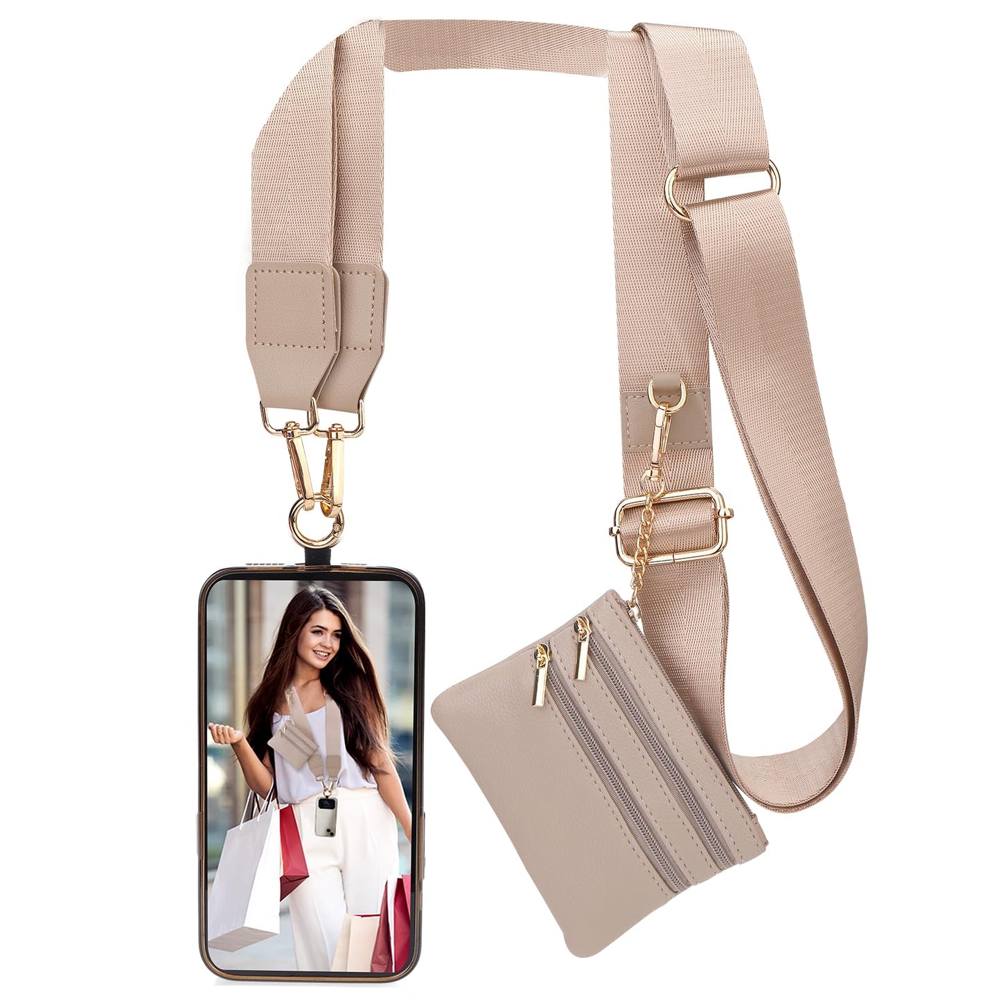 XANGNIER Clip and Go Strap for Phone with Wallet Crossbody,Phone Strap with Zippered Wallet, Adjustable Anti Theft Cellphone Lanyard for Women, Cellphone Chain Accessories,Leopard