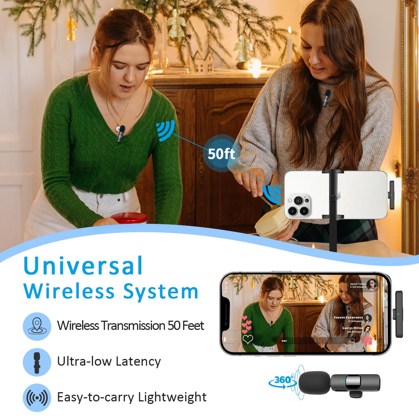 MAYBESTA Professional Wireless Lavalier Lapel Microphone for iPhone, iPad - Cordless Omnidirectional Condenser Recording Mic for Interview Video Podcast Vlog YouTube