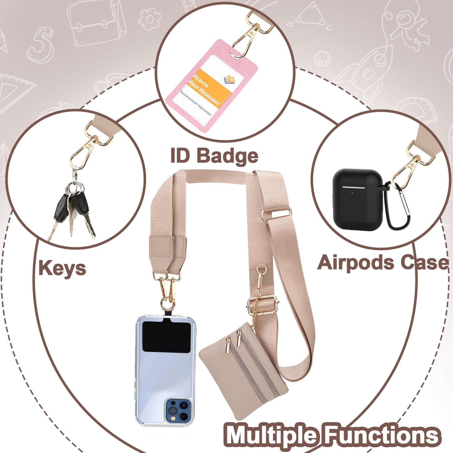 XANGNIER Clip and Go Strap for Phone with Wallet Crossbody,Phone Strap with Zippered Wallet, Adjustable Anti Theft Cellphone Lanyard for Women, Cellphone Chain Accessories,Leopard