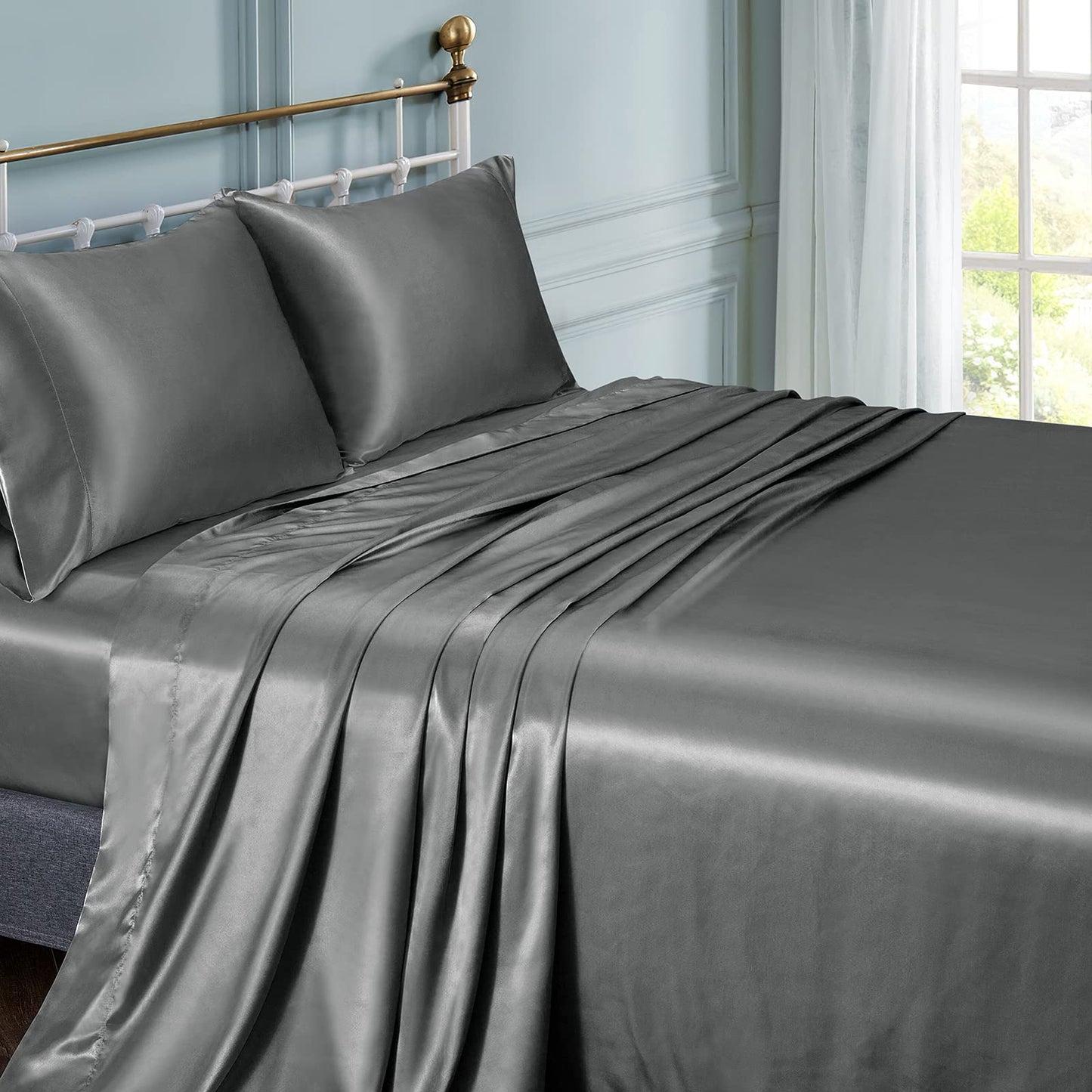 Vonty Satin Sheets Twin Silky Soft Satin Bed Sheets Forest Green Sheet Set, 1 Deep Pocket Fitted Sheet + 1 Flat Sheet + 1 Pillowcase