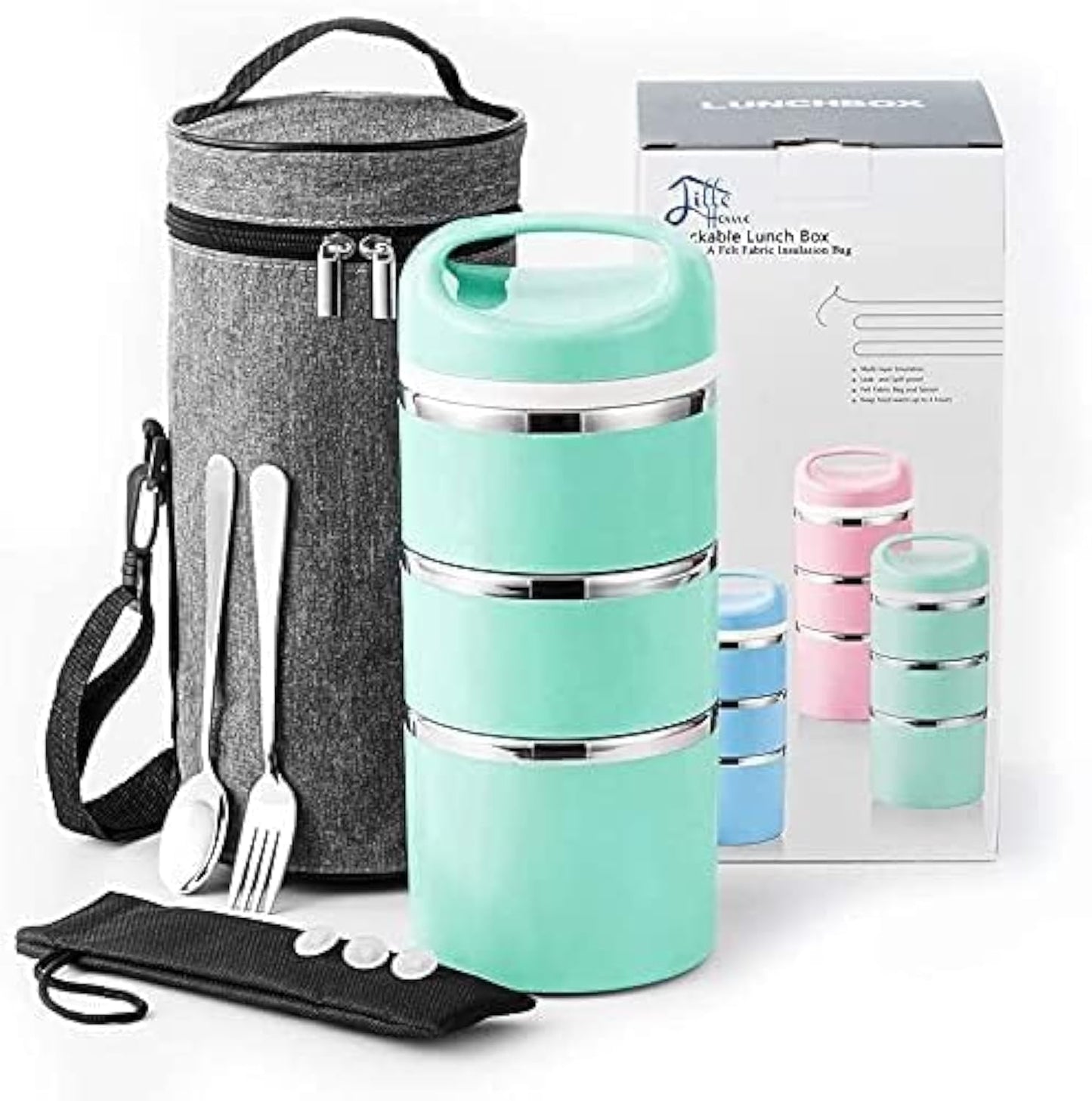 Lille Home Stackable Stainless Steel Thermal Lunch/Snack Box, 3-Tier Insulated Bento Box with Portable Cutlery Set, 43OZ, Pink