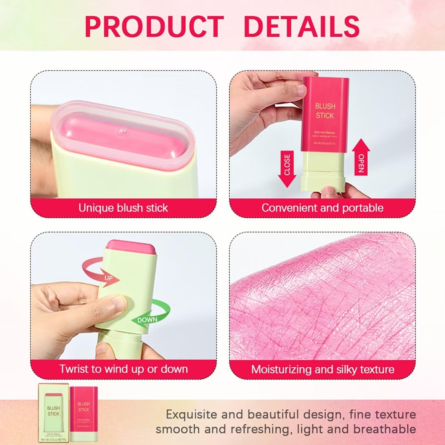 Multi-Use Makeup Blush Stick - Waterproof, Tinted Moisturizer for Eyes, Lips, Cheeks in Shy Pink