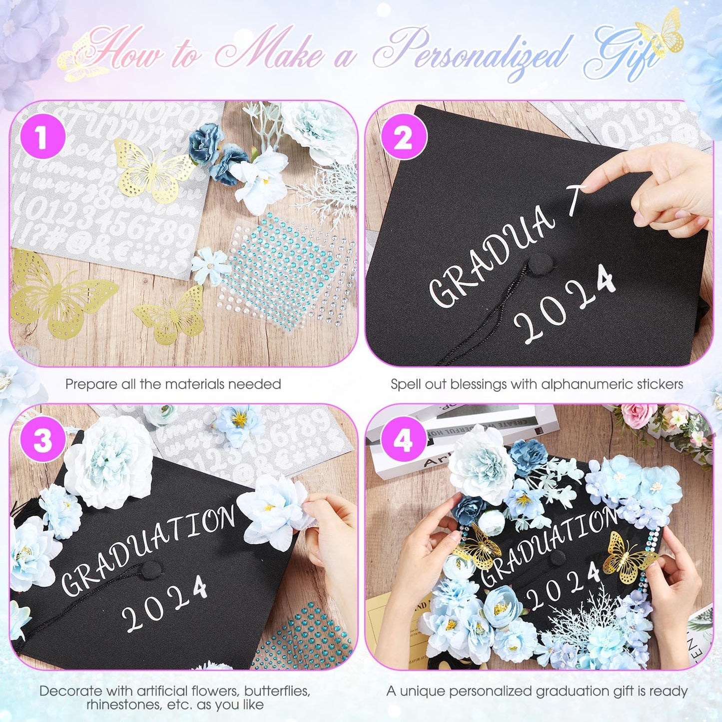 Hoteam Graduation Cap Decorations Kits Included Faux Flower Heads 3D Butterfly Stickers Self Adhesive Rhinestones Glitter Alphabet Letter Stickers for Grad Cap Topper DIY Craft Art Decor(Blue)