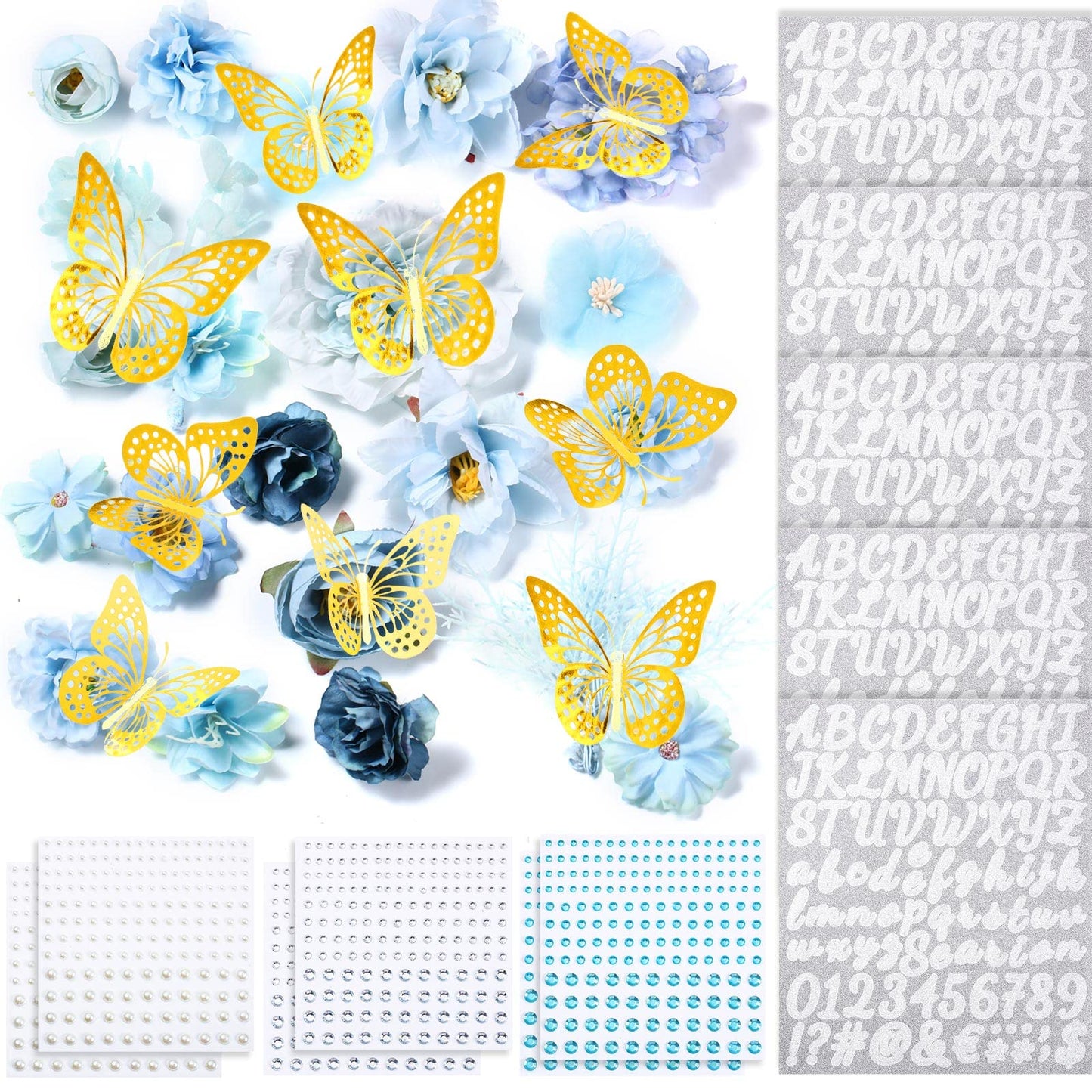Hoteam Graduation Cap Decorations Kits Included Faux Flower Heads 3D Butterfly Stickers Self Adhesive Rhinestones Glitter Alphabet Letter Stickers for Grad Cap Topper DIY Craft Art Decor(Blue)