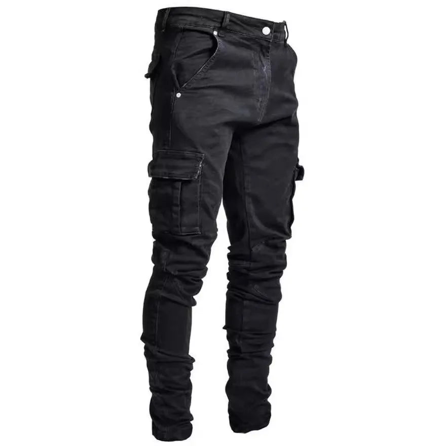 Stylish Tide Brand Men Cargo Narrow Leg Denim Pants Elastic Slim Fit Jeans Solid Color Multi Pockets