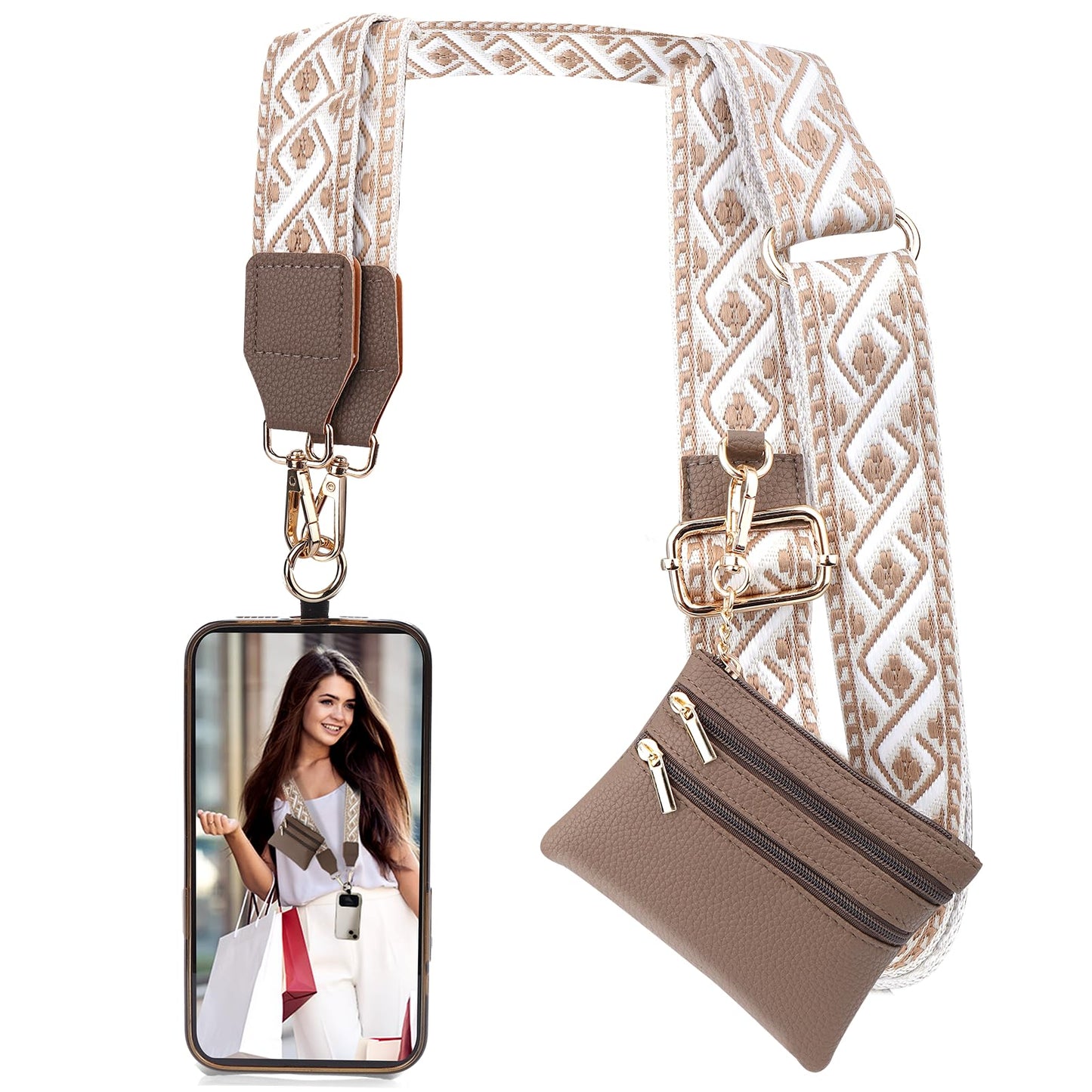 XANGNIER Clip and Go Strap for Phone with Wallet Crossbody,Phone Strap with Zippered Wallet, Adjustable Anti Theft Cellphone Lanyard for Women, Cellphone Chain Accessories,Leopard