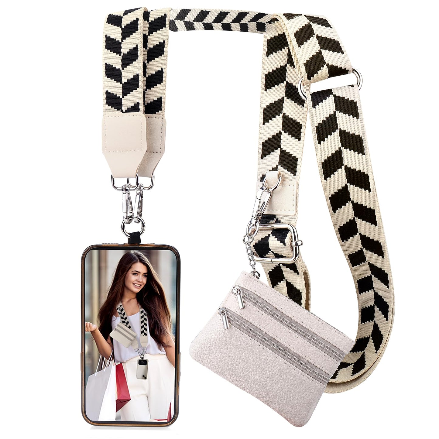 XANGNIER Clip and Go Strap for Phone with Wallet Crossbody,Phone Strap with Zippered Wallet, Adjustable Anti Theft Cellphone Lanyard for Women, Cellphone Chain Accessories,Leopard