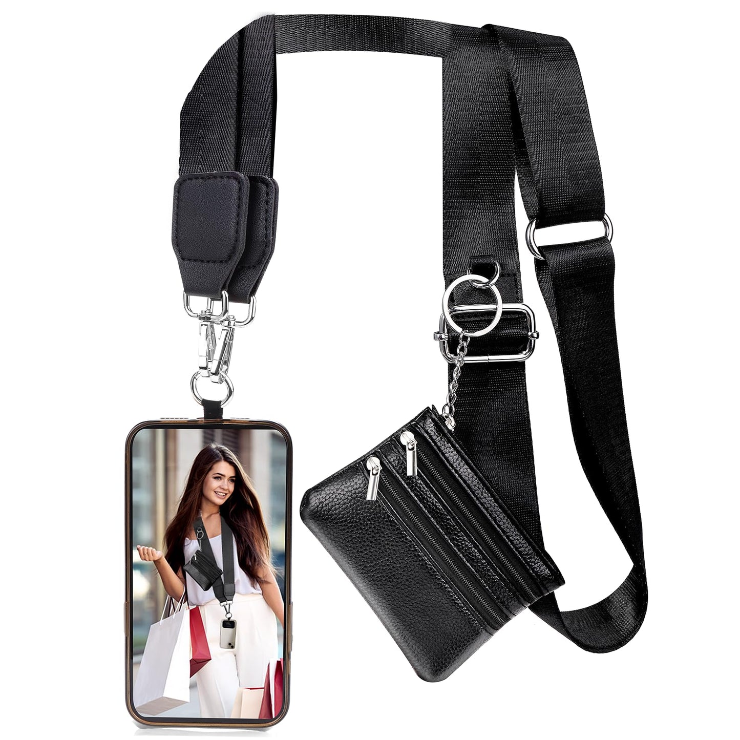 XANGNIER Clip and Go Strap for Phone with Wallet Crossbody,Phone Strap with Zippered Wallet, Adjustable Anti Theft Cellphone Lanyard for Women, Cellphone Chain Accessories,Leopard
