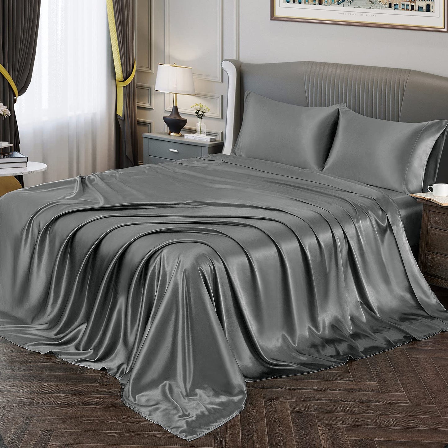 Vonty Satin Sheets Twin Silky Soft Satin Bed Sheets Forest Green Sheet Set, 1 Deep Pocket Fitted Sheet + 1 Flat Sheet + 1 Pillowcase
