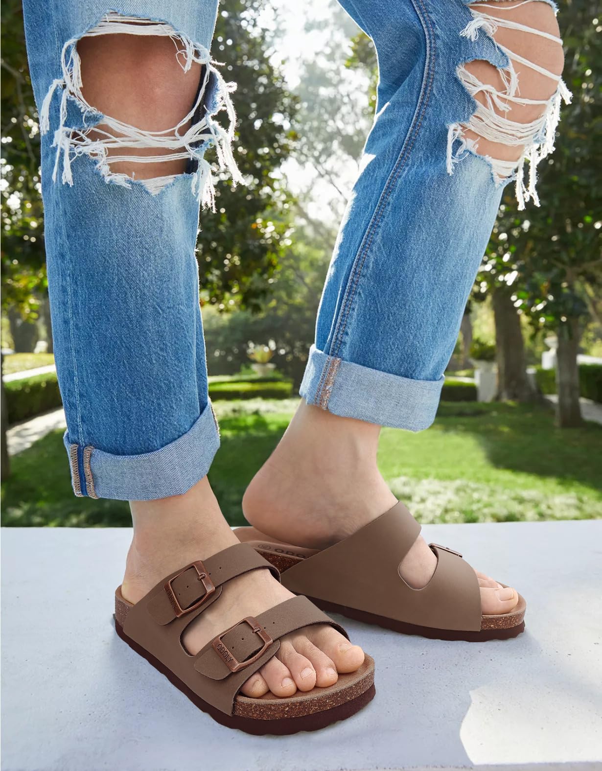 ODOLY Women's Cork Footbed Slide Sandal, Arch Support Summer Outdoor Sandals with Adjustable Buckle, Black US Women Size 10, EU Women Size 41