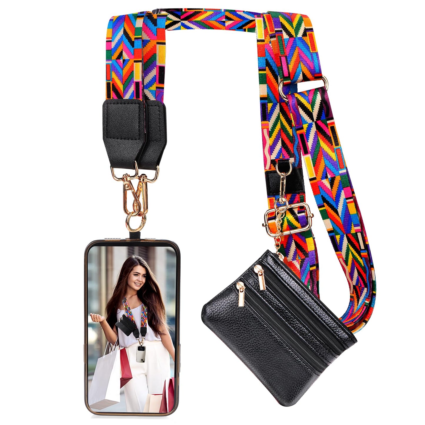 XANGNIER Clip and Go Strap for Phone with Wallet Crossbody,Phone Strap with Zippered Wallet, Adjustable Anti Theft Cellphone Lanyard for Women, Cellphone Chain Accessories,Leopard