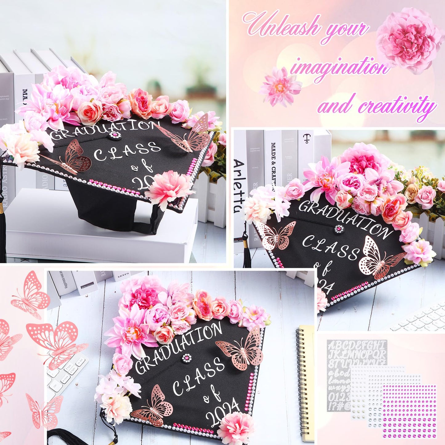 Hoteam Graduation Cap Decorations Kits Included Faux Flower Heads 3D Butterfly Stickers Self Adhesive Rhinestones Glitter Alphabet Letter Stickers for Grad Cap Topper DIY Craft Art Decor(Blue)
