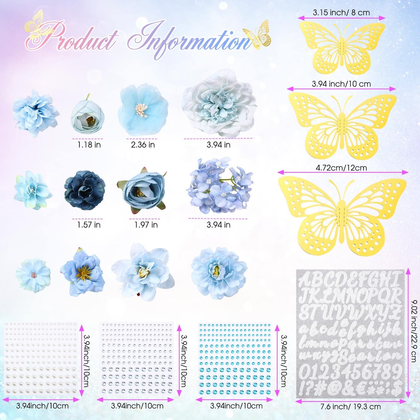 Hoteam Graduation Cap Decorations Kits Included Faux Flower Heads 3D Butterfly Stickers Self Adhesive Rhinestones Glitter Alphabet Letter Stickers for Grad Cap Topper DIY Craft Art Decor(Blue)