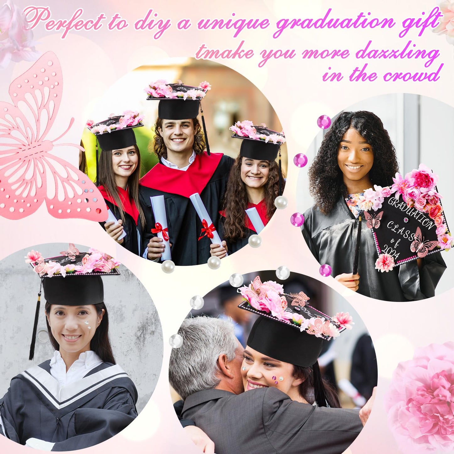 Hoteam Graduation Cap Decorations Kits Included Faux Flower Heads 3D Butterfly Stickers Self Adhesive Rhinestones Glitter Alphabet Letter Stickers for Grad Cap Topper DIY Craft Art Decor(Blue)