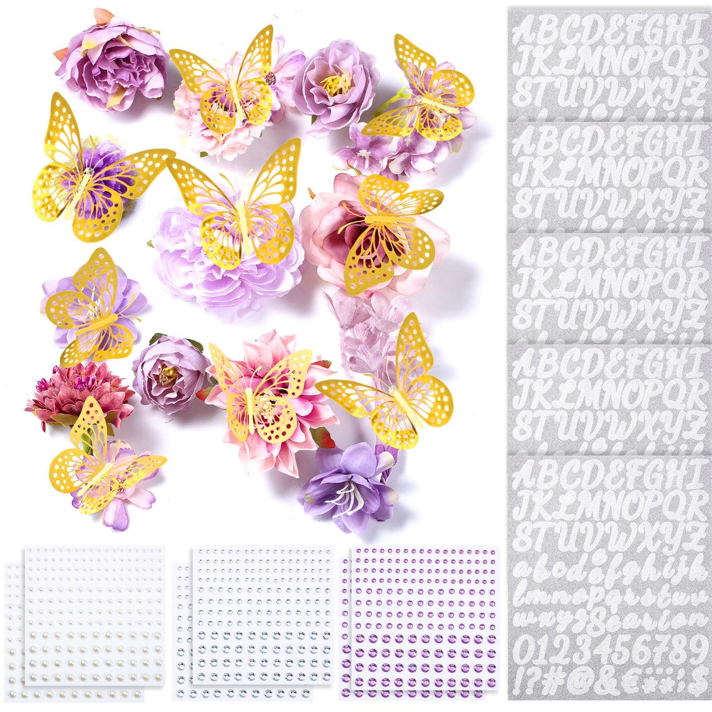 Hoteam Graduation Cap Decorations Kits Included Faux Flower Heads 3D Butterfly Stickers Self Adhesive Rhinestones Glitter Alphabet Letter Stickers for Grad Cap Topper DIY Craft Art Decor(Blue)