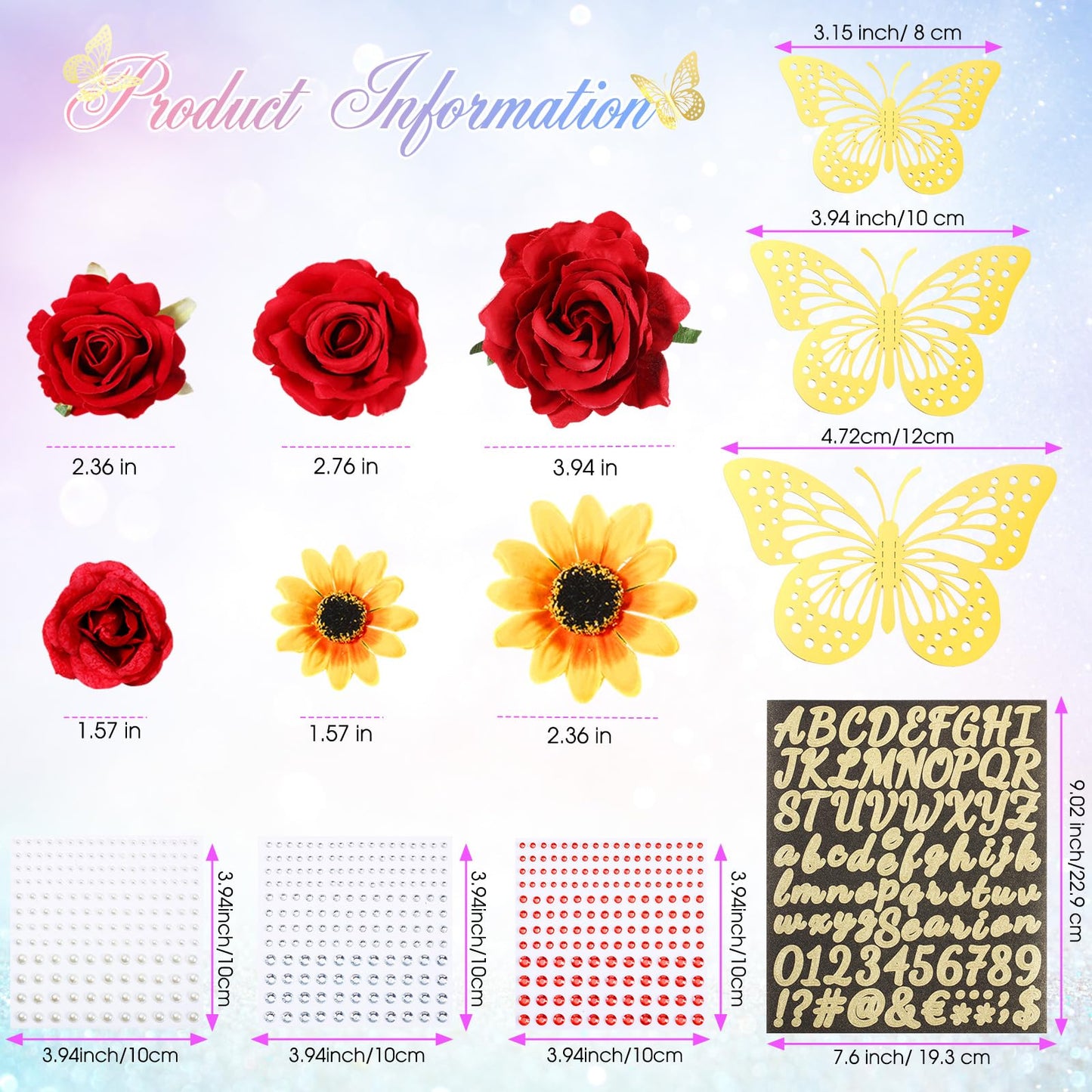Hoteam Graduation Cap Decorations Kits Included Faux Flower Heads 3D Butterfly Stickers Self Adhesive Rhinestones Glitter Alphabet Letter Stickers for Grad Cap Topper DIY Craft Art Decor(Blue)