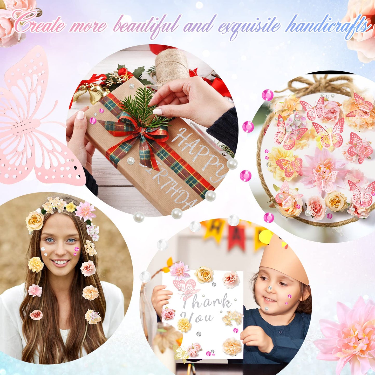 Hoteam Graduation Cap Decorations Kits Included Faux Flower Heads 3D Butterfly Stickers Self Adhesive Rhinestones Glitter Alphabet Letter Stickers for Grad Cap Topper DIY Craft Art Decor(Blue)