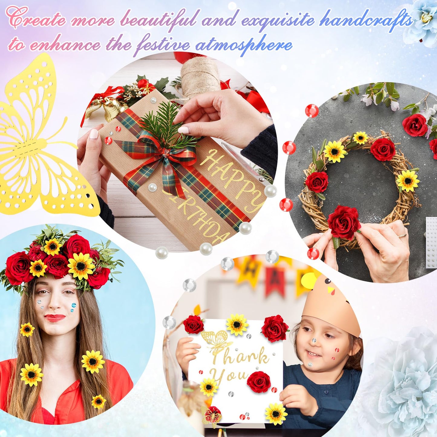 Hoteam Graduation Cap Decorations Kits Included Faux Flower Heads 3D Butterfly Stickers Self Adhesive Rhinestones Glitter Alphabet Letter Stickers for Grad Cap Topper DIY Craft Art Decor(Blue)