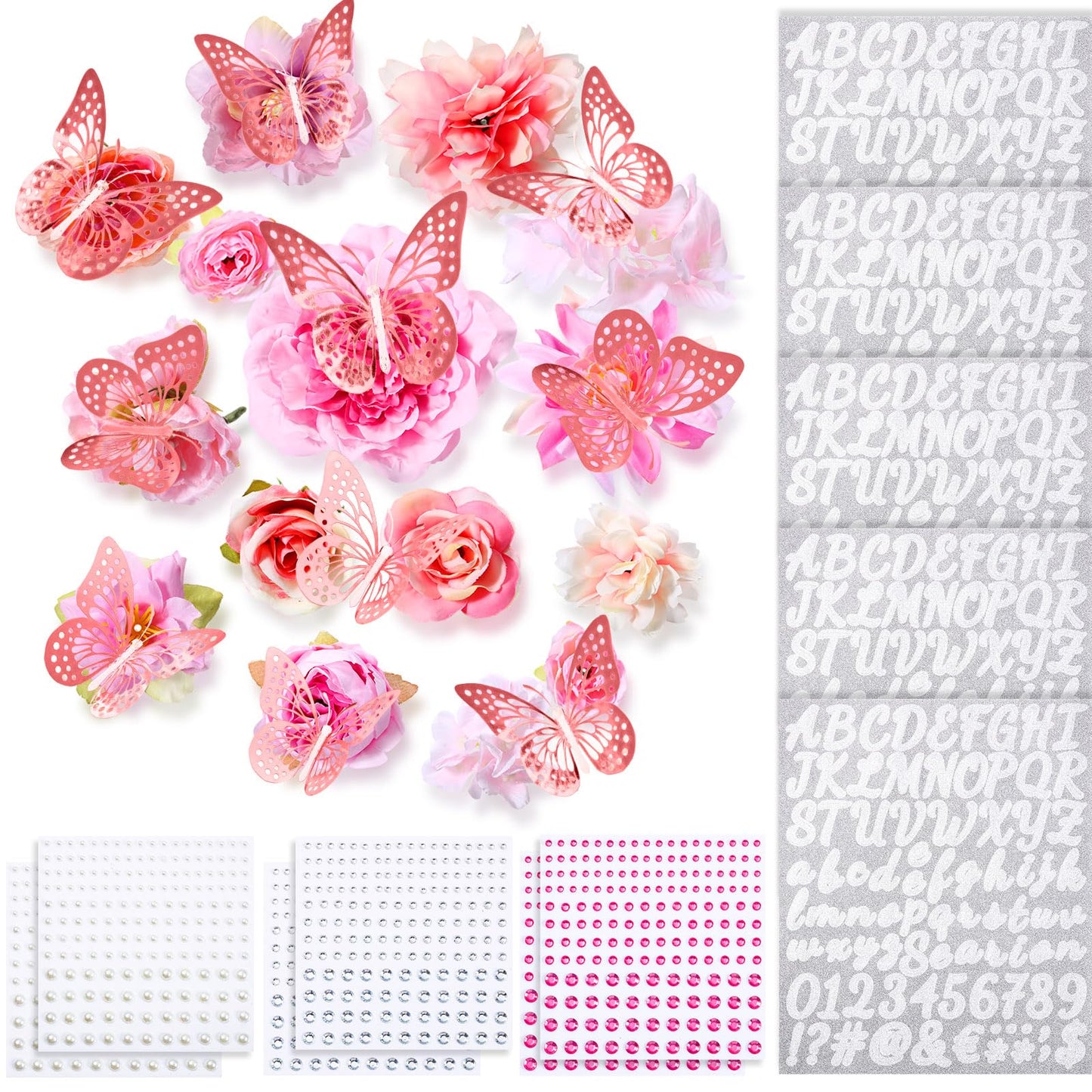 Hoteam Graduation Cap Decorations Kits Included Faux Flower Heads 3D Butterfly Stickers Self Adhesive Rhinestones Glitter Alphabet Letter Stickers for Grad Cap Topper DIY Craft Art Decor(Blue)