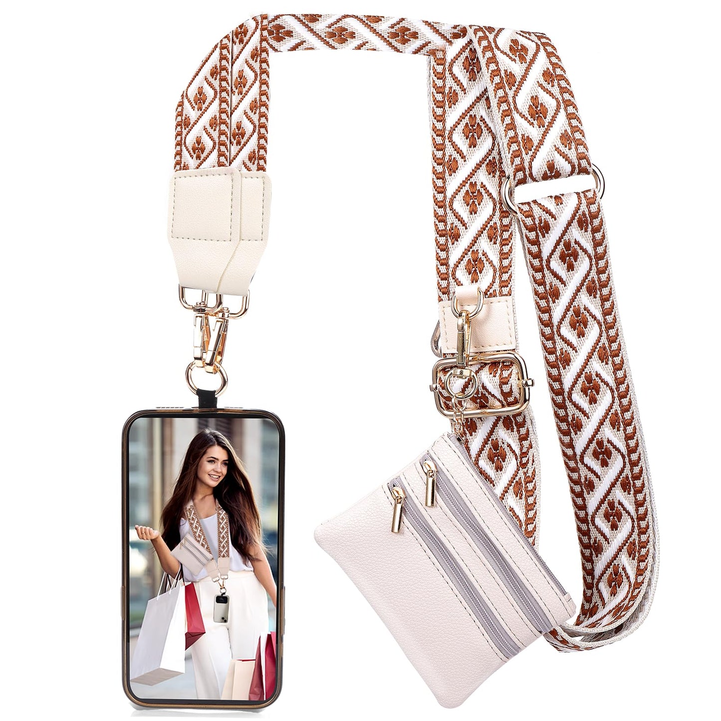 XANGNIER Clip and Go Strap for Phone with Wallet Crossbody,Phone Strap with Zippered Wallet, Adjustable Anti Theft Cellphone Lanyard for Women, Cellphone Chain Accessories,Leopard