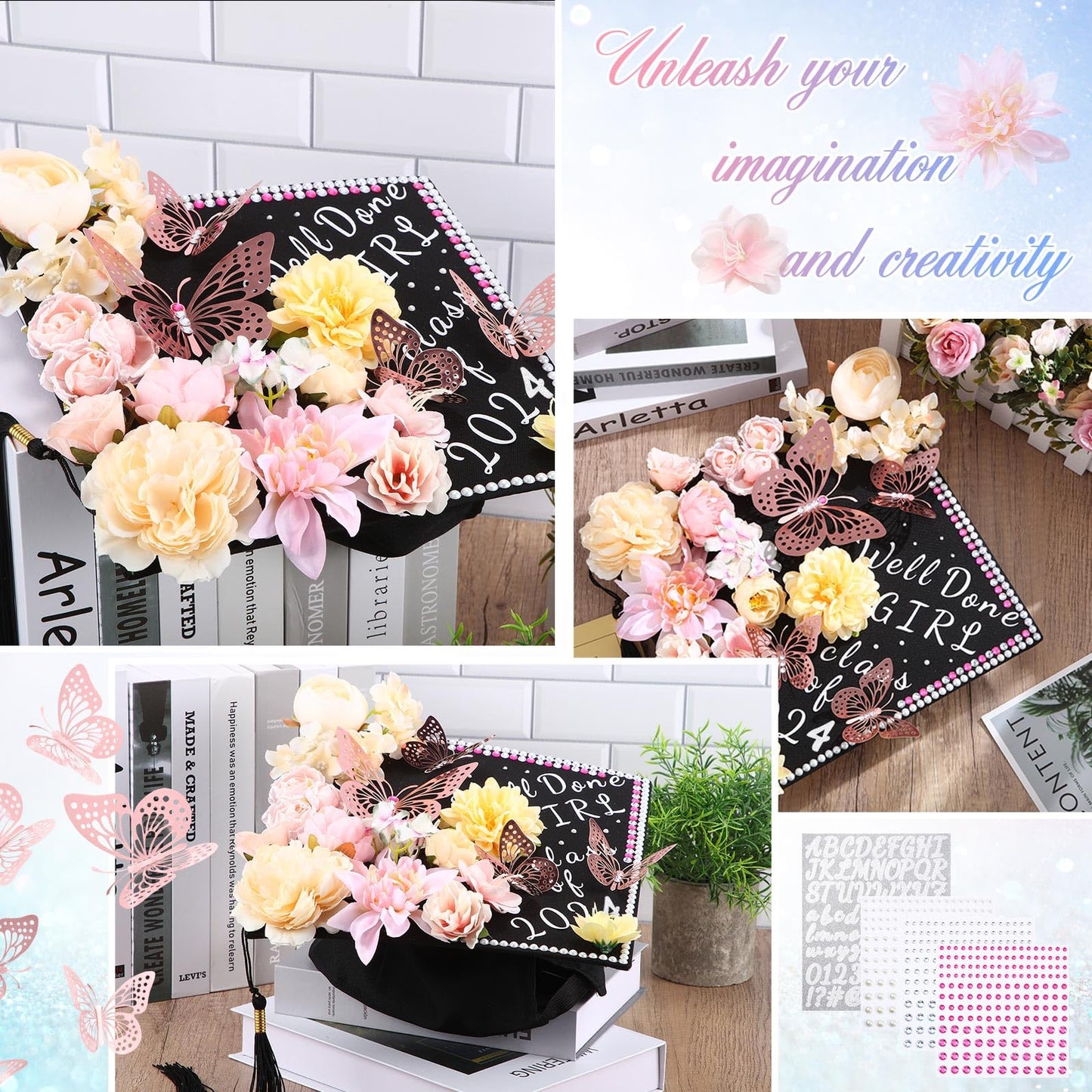 Hoteam Graduation Cap Decorations Kits Included Faux Flower Heads 3D Butterfly Stickers Self Adhesive Rhinestones Glitter Alphabet Letter Stickers for Grad Cap Topper DIY Craft Art Decor(Blue)
