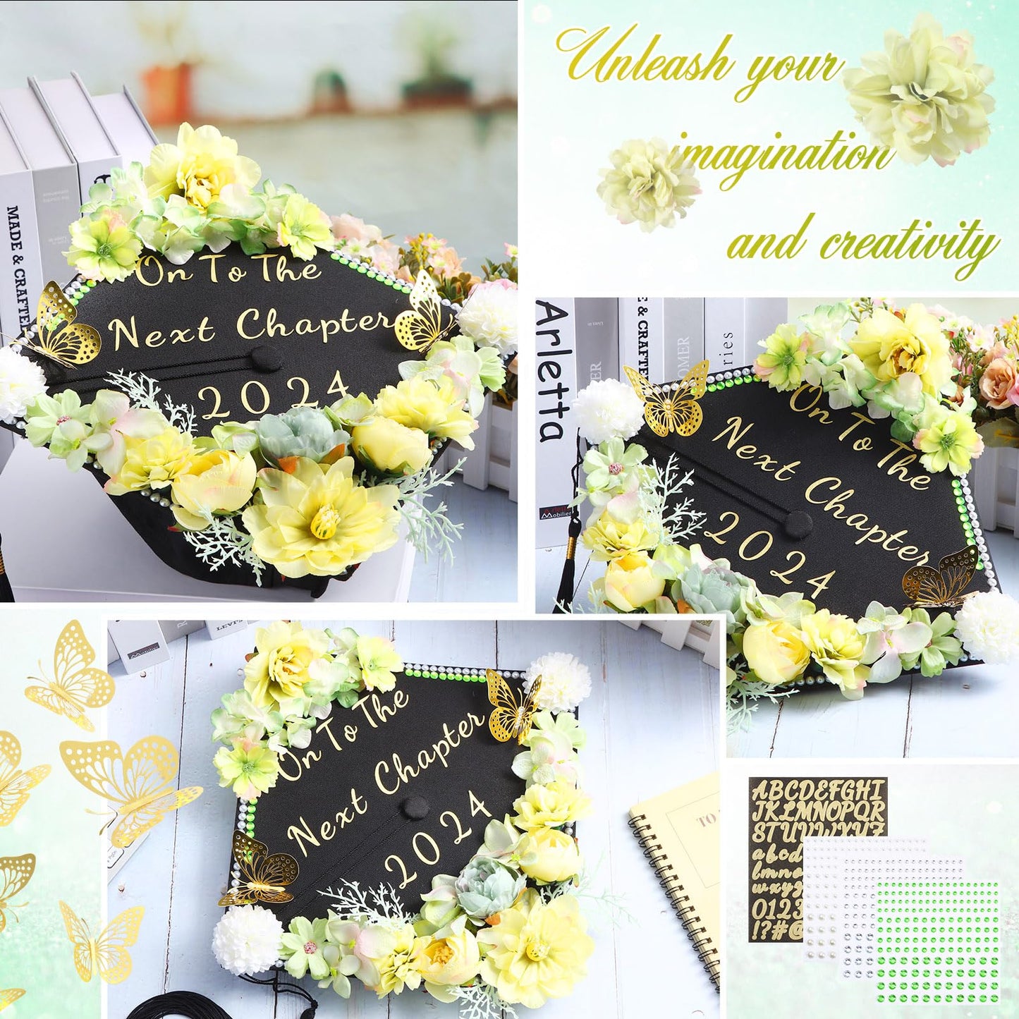 Hoteam Graduation Cap Decorations Kits Included Faux Flower Heads 3D Butterfly Stickers Self Adhesive Rhinestones Glitter Alphabet Letter Stickers for Grad Cap Topper DIY Craft Art Decor(Blue)