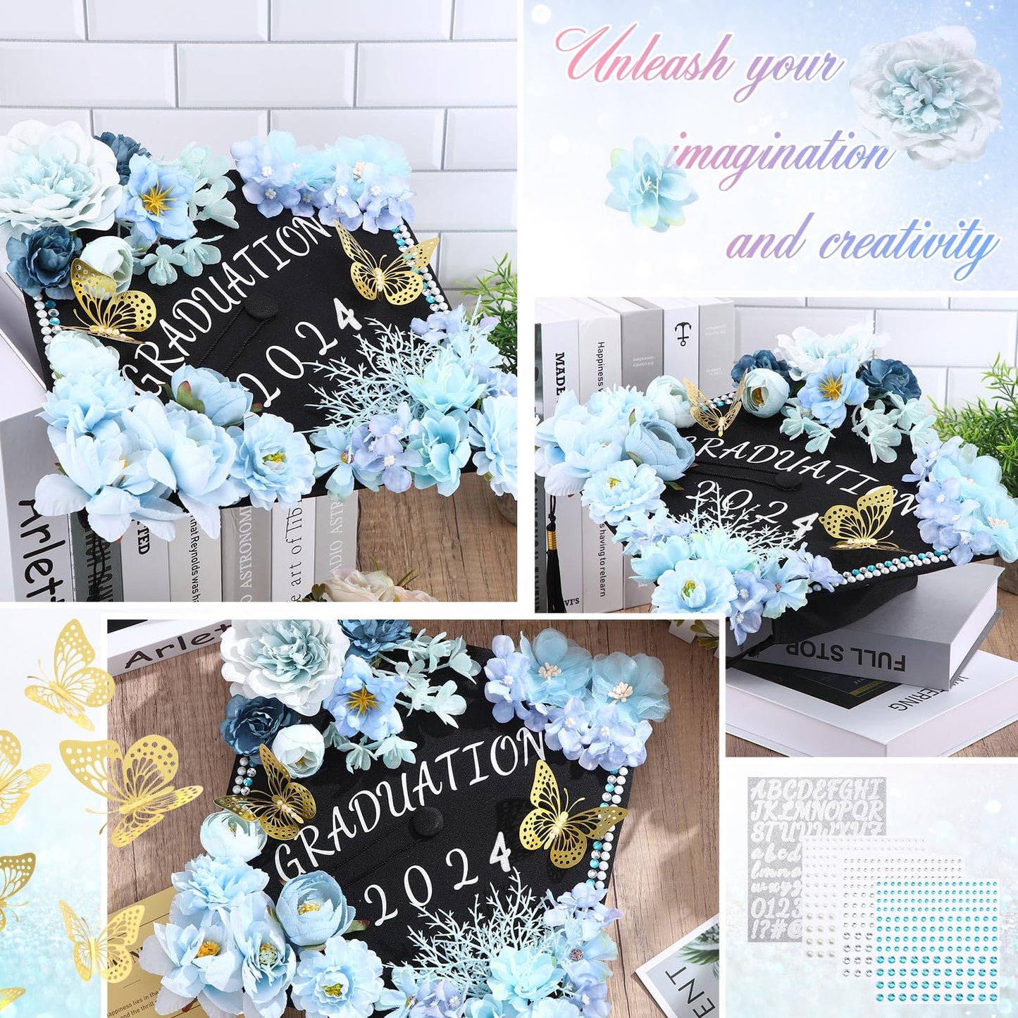 Hoteam Graduation Cap Decorations Kits Included Faux Flower Heads 3D Butterfly Stickers Self Adhesive Rhinestones Glitter Alphabet Letter Stickers for Grad Cap Topper DIY Craft Art Decor(Blue)