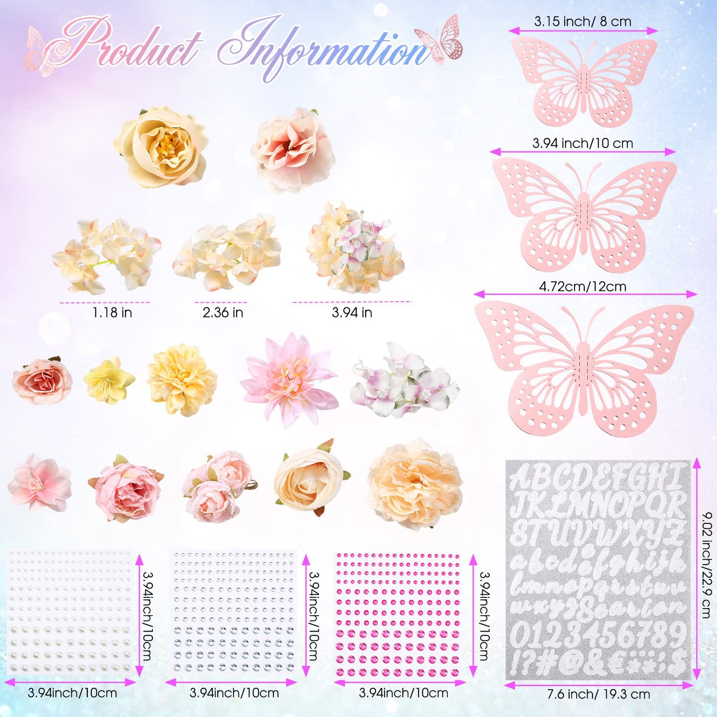 Hoteam Graduation Cap Decorations Kits Included Faux Flower Heads 3D Butterfly Stickers Self Adhesive Rhinestones Glitter Alphabet Letter Stickers for Grad Cap Topper DIY Craft Art Decor(Blue)