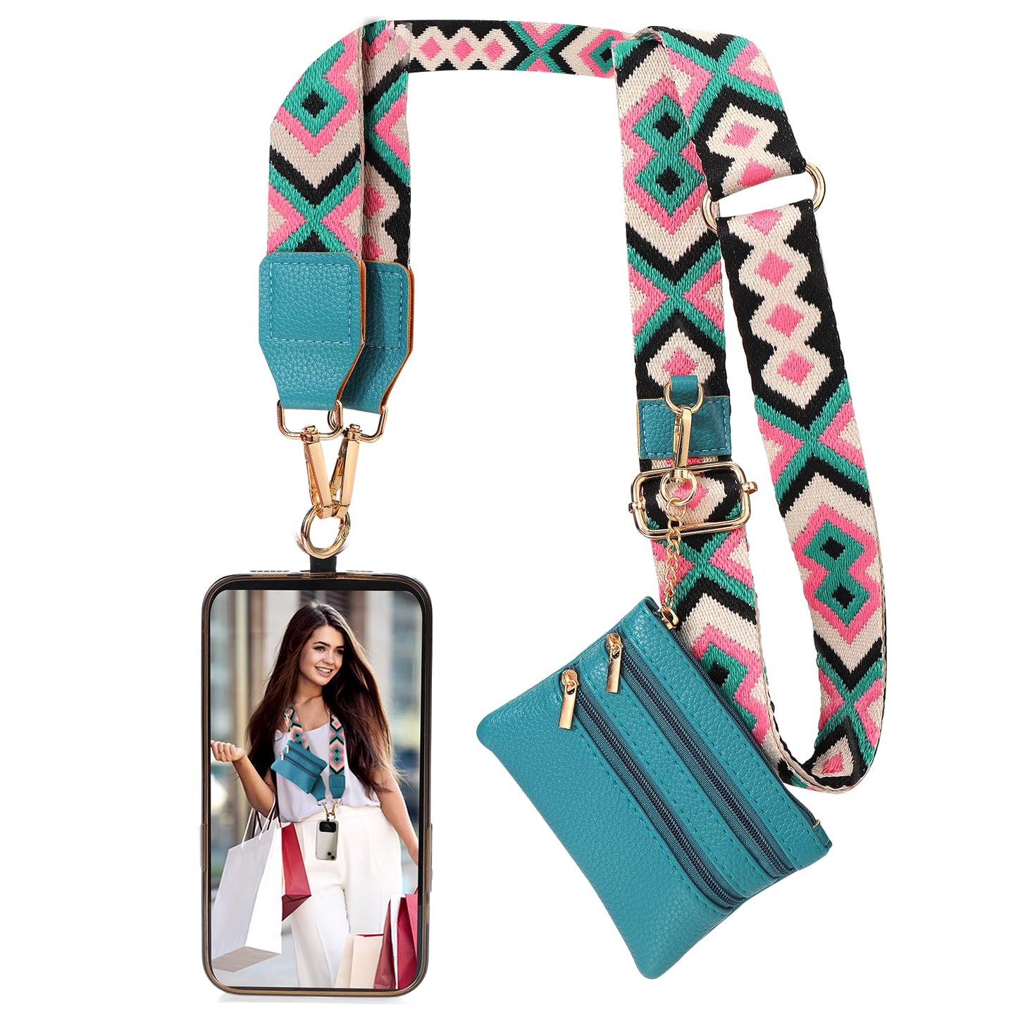XANGNIER Clip and Go Strap for Phone with Wallet Crossbody,Phone Strap with Zippered Wallet, Adjustable Anti Theft Cellphone Lanyard for Women, Cellphone Chain Accessories,Leopard
