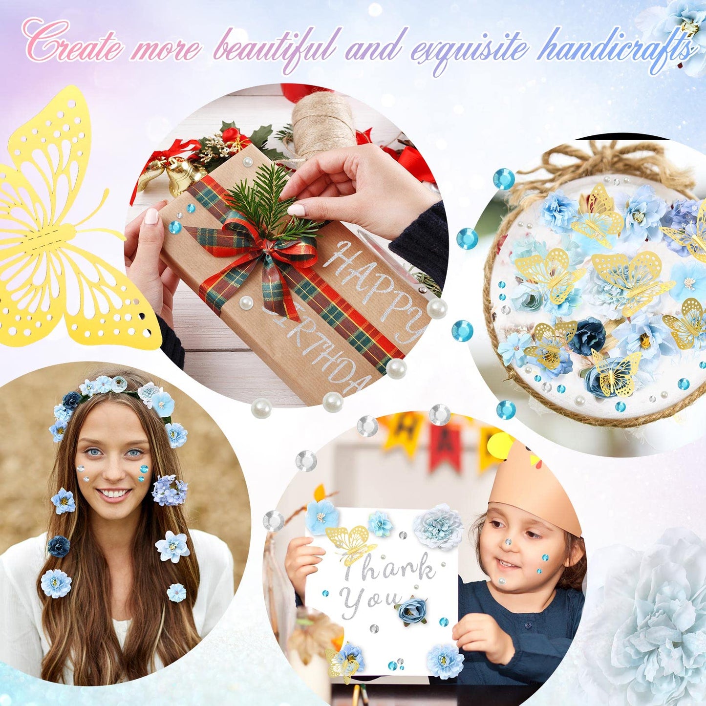 Hoteam Graduation Cap Decorations Kits Included Faux Flower Heads 3D Butterfly Stickers Self Adhesive Rhinestones Glitter Alphabet Letter Stickers for Grad Cap Topper DIY Craft Art Decor(Blue)
