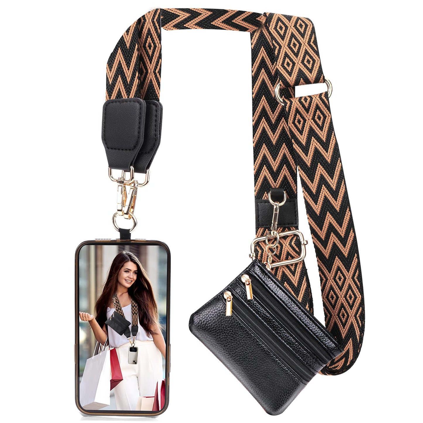 XANGNIER Clip and Go Strap for Phone with Wallet Crossbody,Phone Strap with Zippered Wallet, Adjustable Anti Theft Cellphone Lanyard for Women, Cellphone Chain Accessories,Leopard