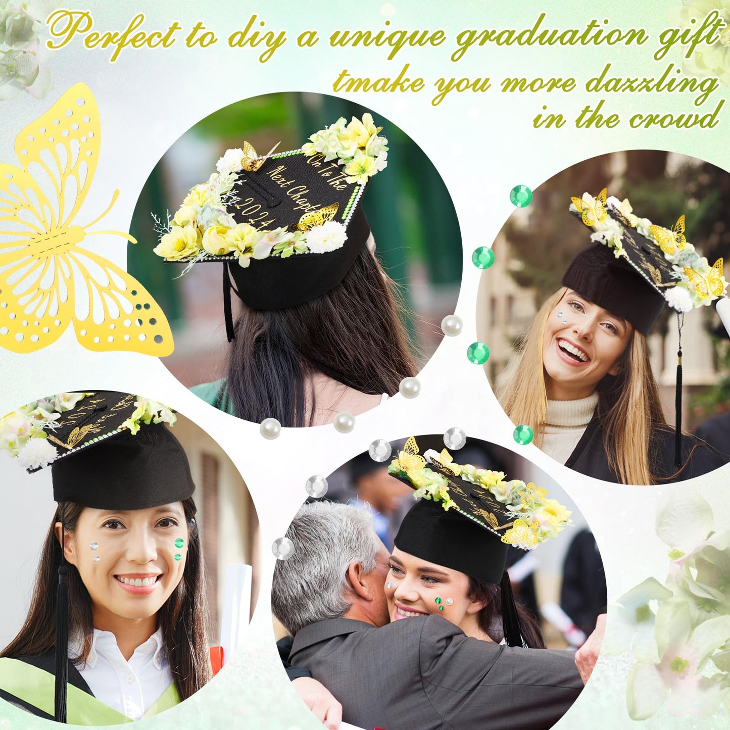 Hoteam Graduation Cap Decorations Kits Included Faux Flower Heads 3D Butterfly Stickers Self Adhesive Rhinestones Glitter Alphabet Letter Stickers for Grad Cap Topper DIY Craft Art Decor(Blue)