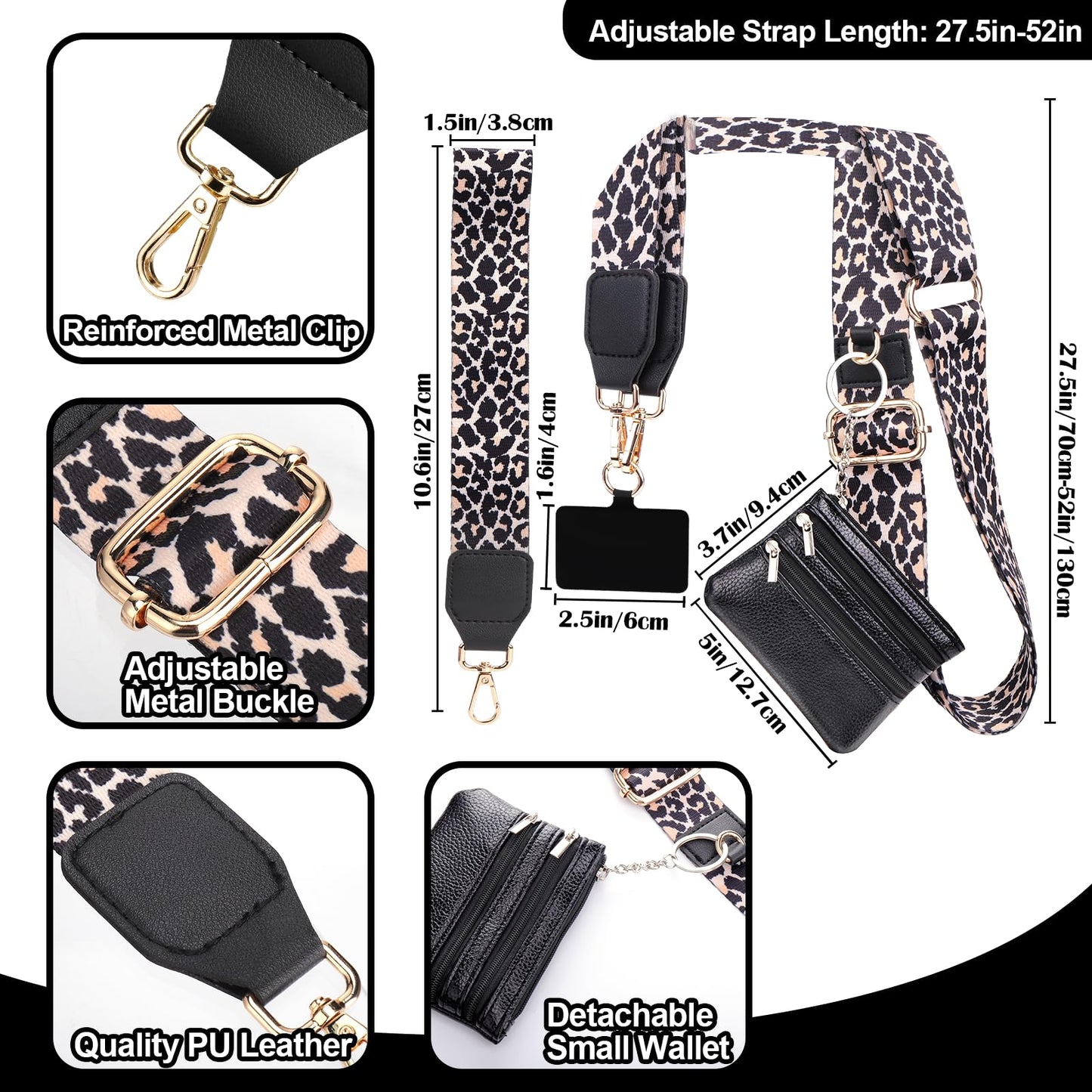 XANGNIER Clip and Go Strap for Phone with Wallet Crossbody,Phone Strap with Zippered Wallet, Adjustable Anti Theft Cellphone Lanyard for Women, Cellphone Chain Accessories,Leopard