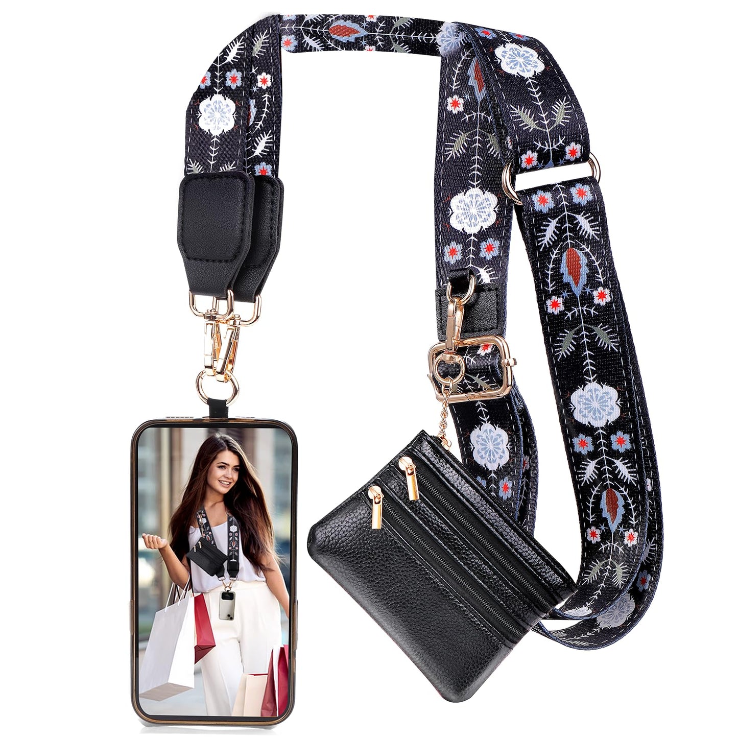XANGNIER Clip and Go Strap for Phone with Wallet Crossbody,Phone Strap with Zippered Wallet, Adjustable Anti Theft Cellphone Lanyard for Women, Cellphone Chain Accessories,Leopard