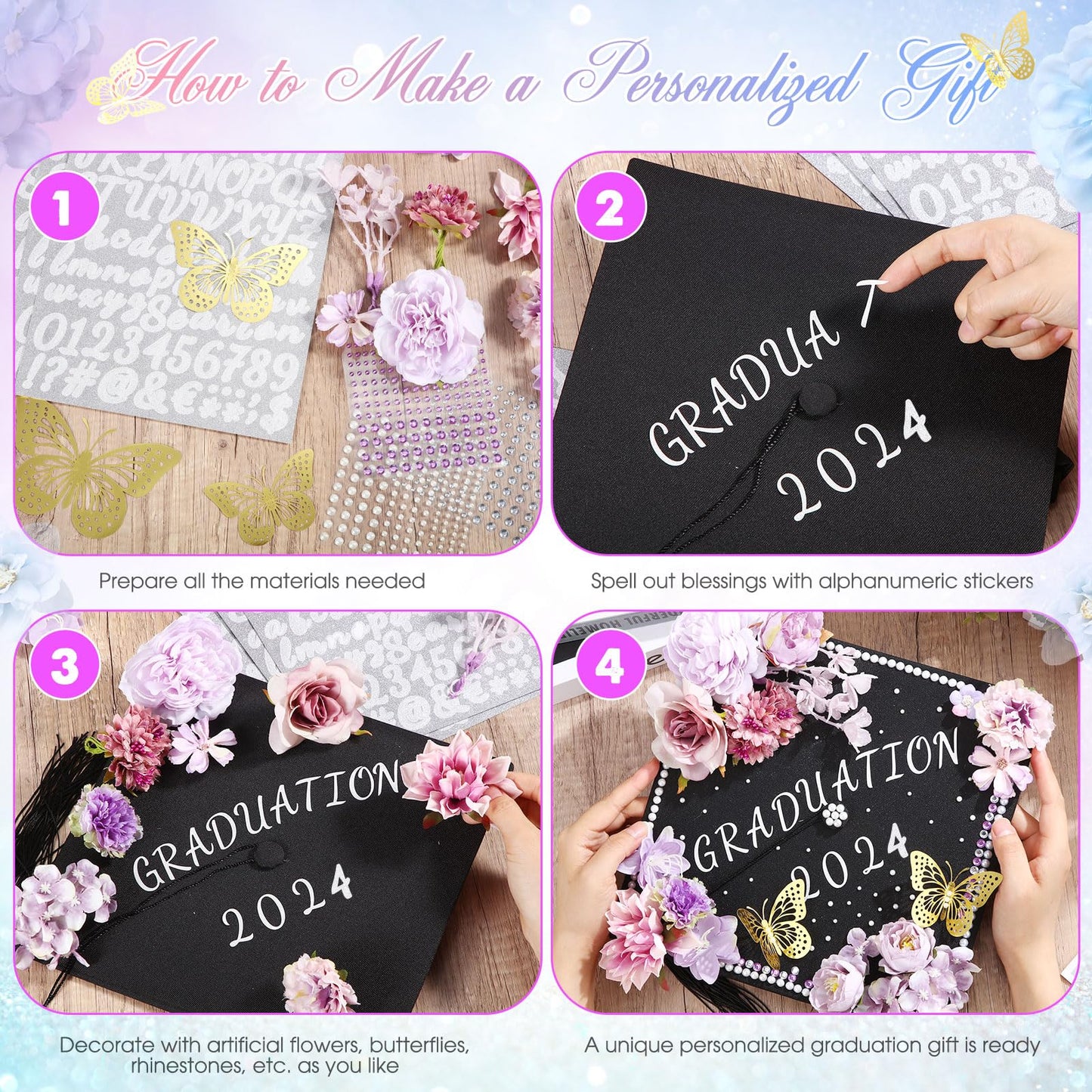 Hoteam Graduation Cap Decorations Kits Included Faux Flower Heads 3D Butterfly Stickers Self Adhesive Rhinestones Glitter Alphabet Letter Stickers for Grad Cap Topper DIY Craft Art Decor(Blue)