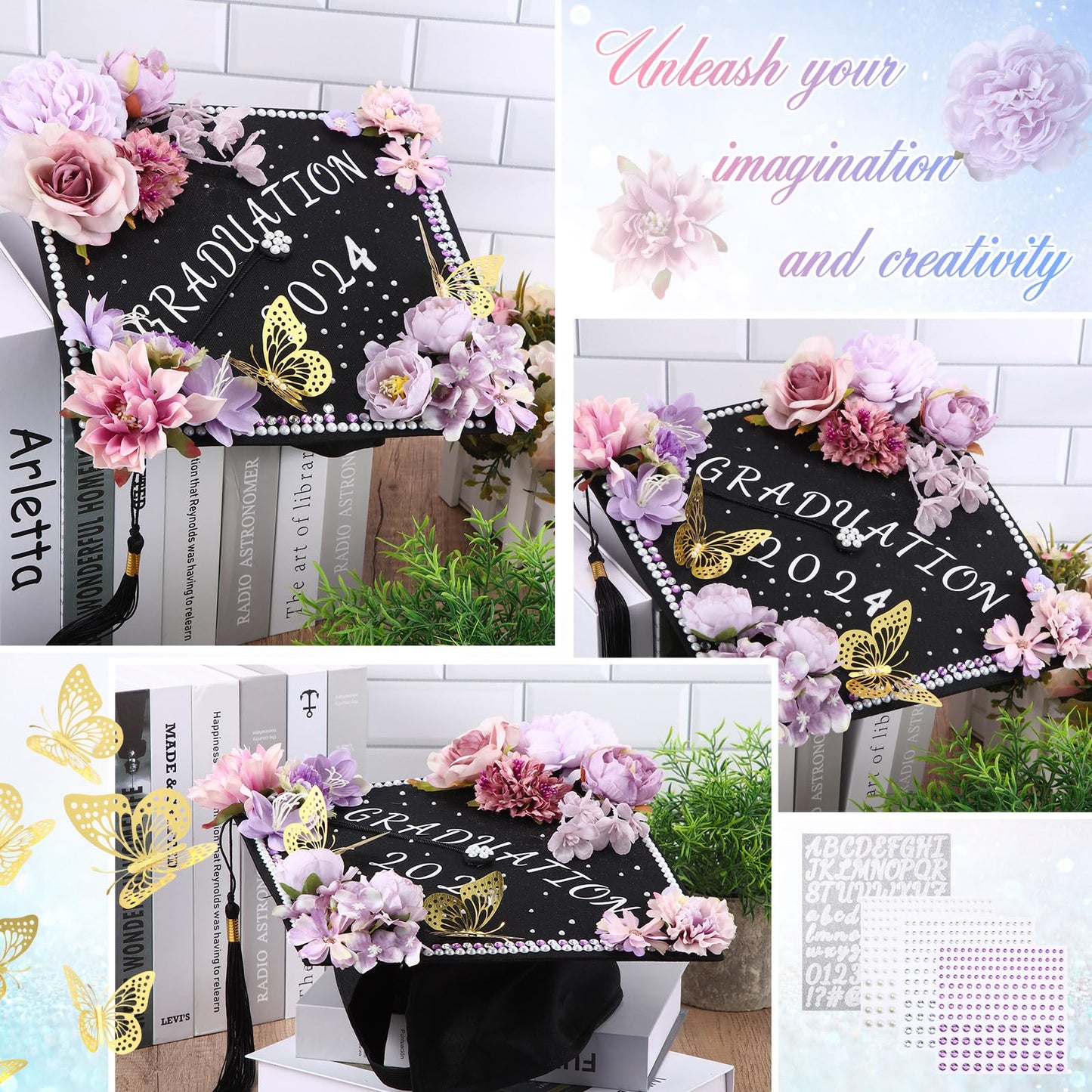 Hoteam Graduation Cap Decorations Kits Included Faux Flower Heads 3D Butterfly Stickers Self Adhesive Rhinestones Glitter Alphabet Letter Stickers for Grad Cap Topper DIY Craft Art Decor(Blue)