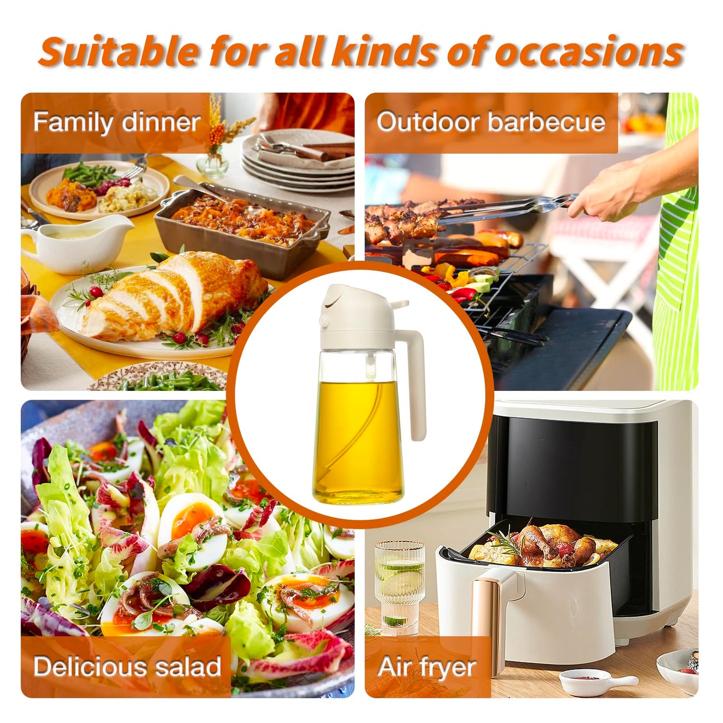 YARRAMATE Olive Oil Dispenser, 2 in 1 Oil Sprayer for Cooking, 17oz/500ml Glass Oil Spray Bottle with Pourer, Food-grade Oil Dispenser and Oil Sprayer for Kitchen, Salad, Frying, BBQ (Black)