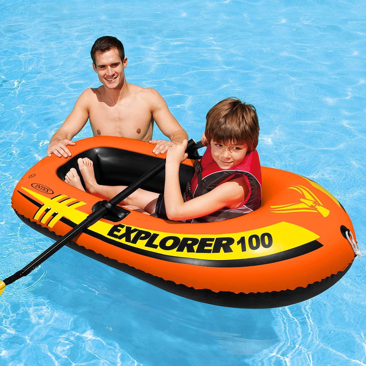 INTEX 58330EP Explorer 200 Inflatable Boat: 2-Person – Dual Air Chambers – Welded Oar Locks – Grab Rope – 210lb Weight Capacity