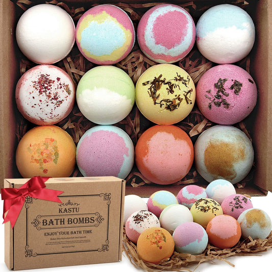 KASTU Bath Bombs Salt Balls,12 PCS Gift Set,Vanilla Menthol Rose Extract Essential Oils,Moisturizing Dry Skin,Fizzy Spa,Relaxing,Bubble Bath Bomb for Gifts Idea for Men Women