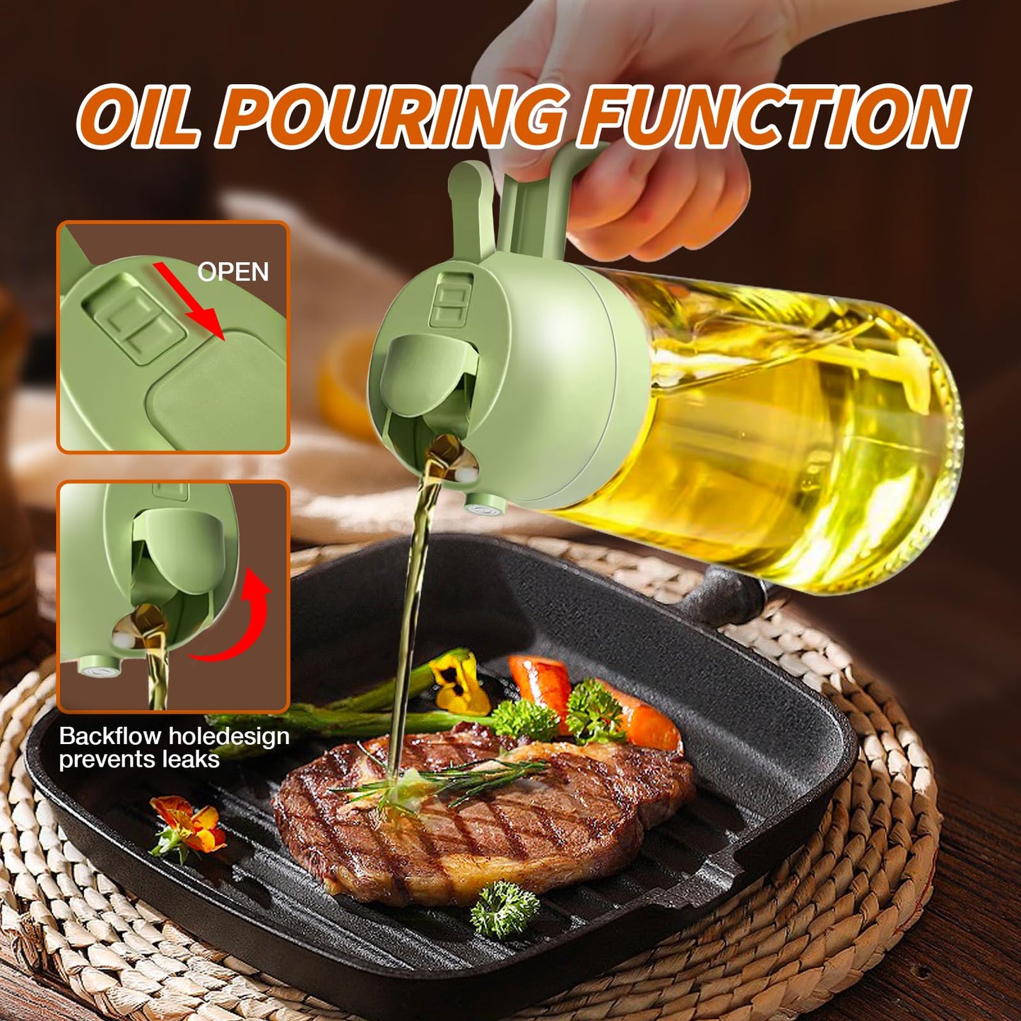 YARRAMATE Olive Oil Dispenser, 2 in 1 Oil Sprayer for Cooking, 17oz/500ml Glass Oil Spray Bottle with Pourer, Food-grade Oil Dispenser and Oil Sprayer for Kitchen, Salad, Frying, BBQ (Black)