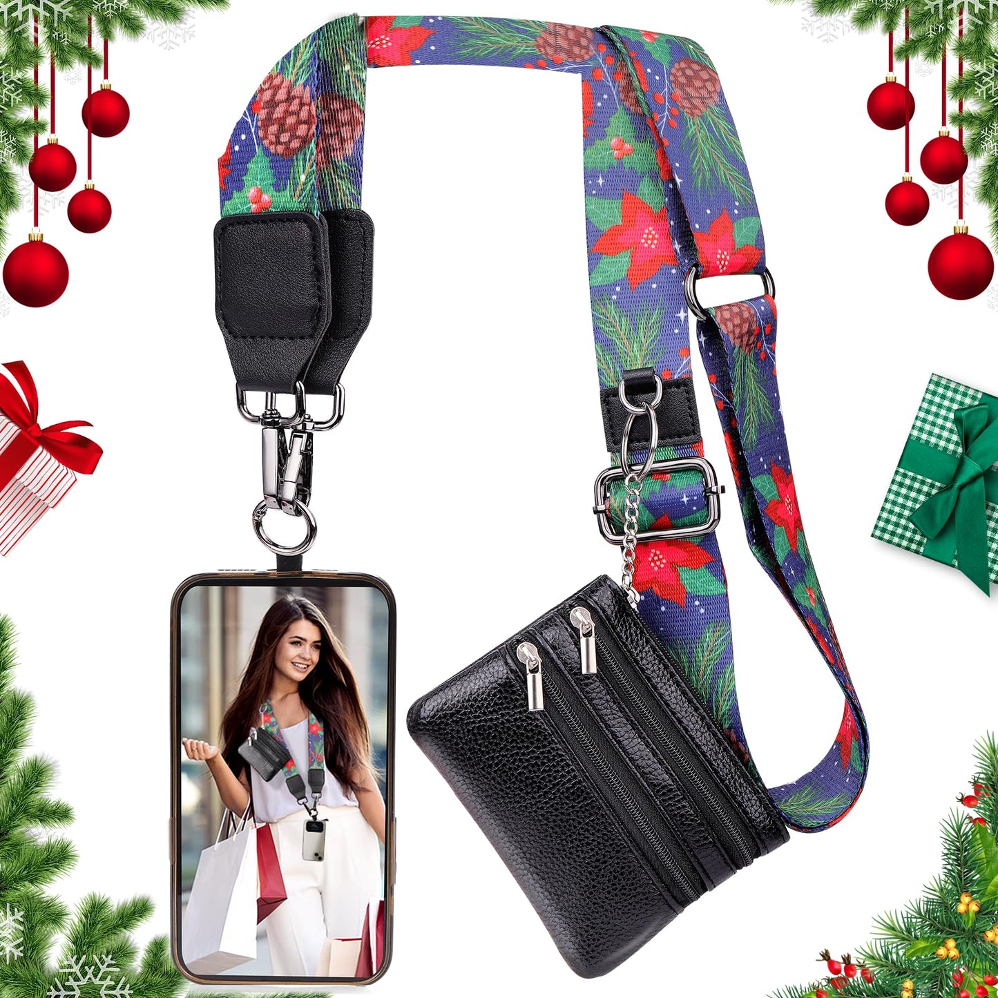 XANGNIER Clip and Go Strap for Phone with Wallet Crossbody,Phone Strap with Zippered Wallet, Adjustable Anti Theft Cellphone Lanyard for Women, Cellphone Chain Accessories,Leopard