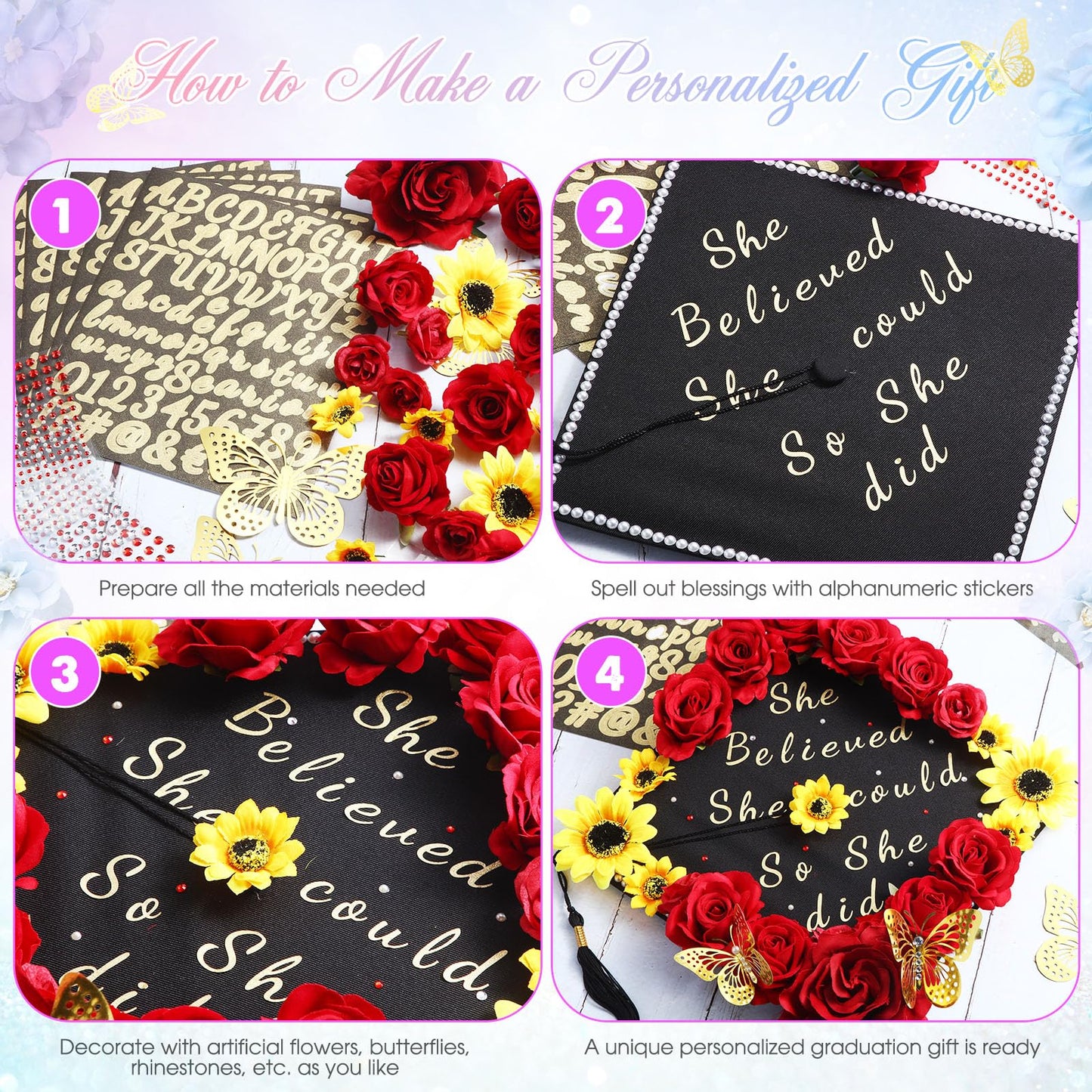 Hoteam Graduation Cap Decorations Kits Included Faux Flower Heads 3D Butterfly Stickers Self Adhesive Rhinestones Glitter Alphabet Letter Stickers for Grad Cap Topper DIY Craft Art Decor(Blue)