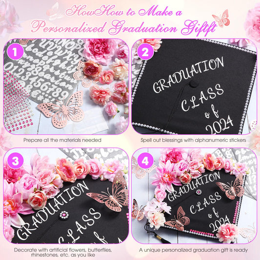 Hoteam Graduation Cap Decorations Kits Included Faux Flower Heads 3D Butterfly Stickers Self Adhesive Rhinestones Glitter Alphabet Letter Stickers for Grad Cap Topper DIY Craft Art Decor(Blue)