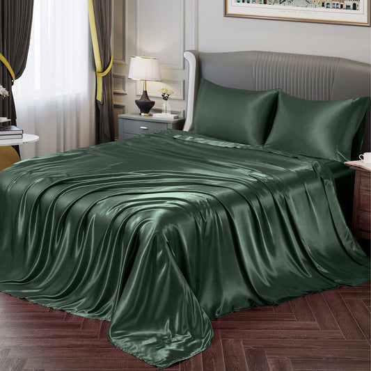 Vonty Satin Sheets Twin Silky Soft Satin Bed Sheets Forest Green Sheet Set, 1 Deep Pocket Fitted Sheet + 1 Flat Sheet + 1 Pillowcase