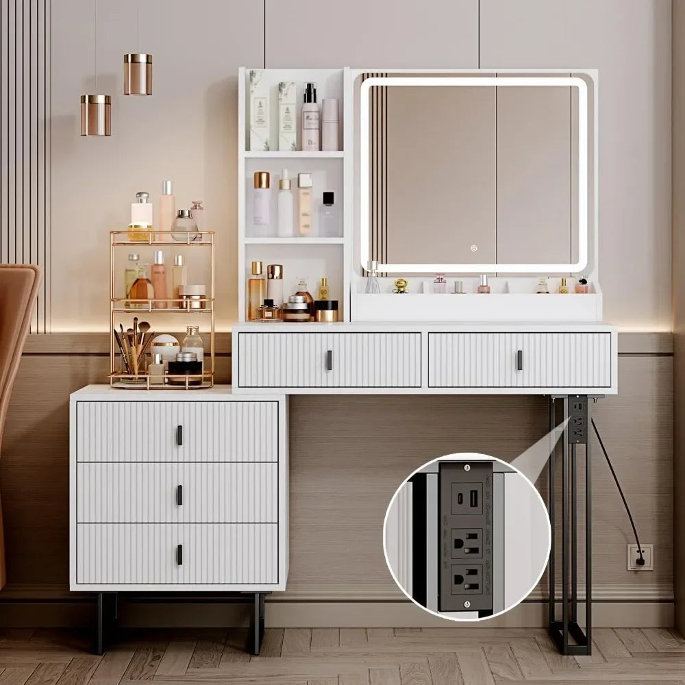 Vanity Desk Touch Screen Dimming Mirror, Charging Station, Storage Shelves, 5 Sliding Drawers