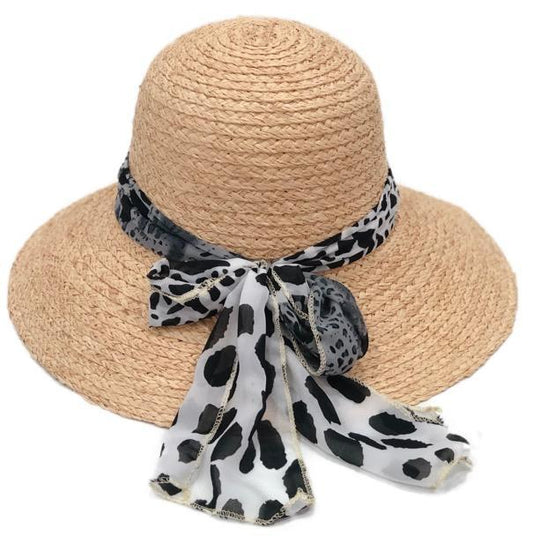 Raffia Leopard Sun Hat With Chiffon Scarf